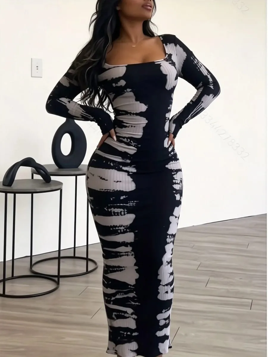 Slim Fit Hip Hugging Long Dress Square Collar Long Sleeves Waist Cinching Figure Show off Square Collar Long Skirt