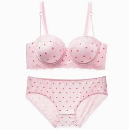 Kawaii Sweet Heart Lace Bra Panty Set Push Up Small Breast Side Collection Anti Sag Comfort Women Underwear Lingerie 32-38 Size