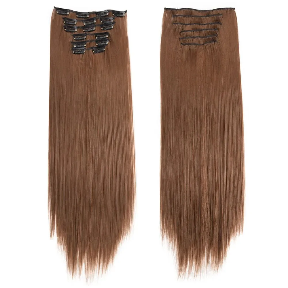 6PC Long Clip in Hair Extensions Brown Synthetic Straight Clip-in Hairpieces 24 inch Straight Hair Piece Extensions for Women