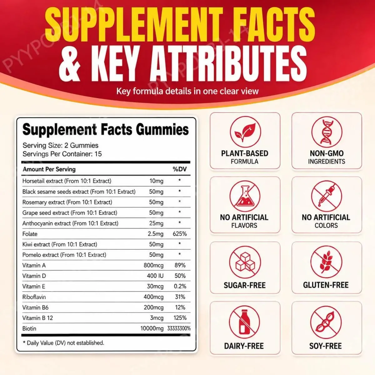 Biotin Gummies with Vitamin C and B12 Supports Strong Healthy Hair Growth Hair Care with Kiwi and Pomelo Extract - 15 Servings