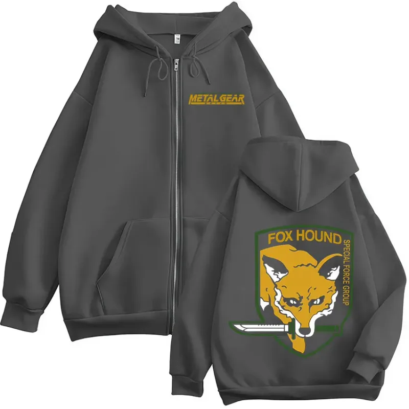 Metal Gear Solid Game FOX HOUND Logo Print Zipper Hoodies Men Women Clothing Fashion Pullovers Zip Up Hooded Sweatshirts Jackets