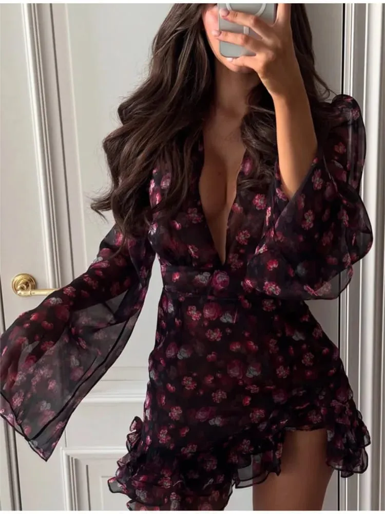 Floral Painted Ruffle Mini Dress Women Elegant Full Sleeve Deep V-neck Slim A-line Short Robe 2026 Lady Vacation Street Gown