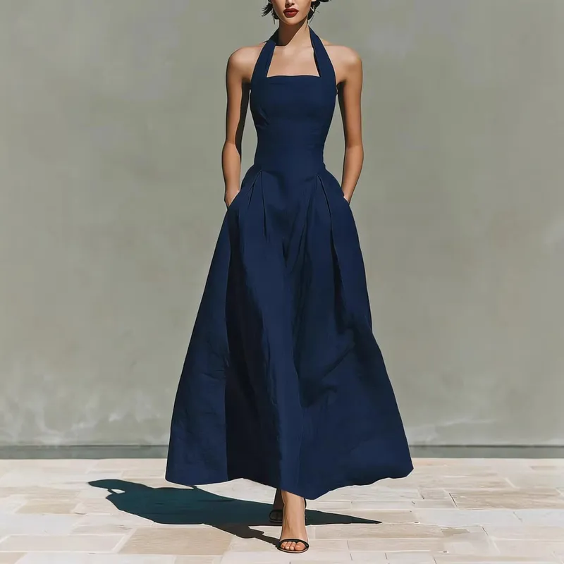 2026 Women's Spring and Summer Neck-Hanging Linen-Style Leisure Fashion Fitting Pocket Dresses