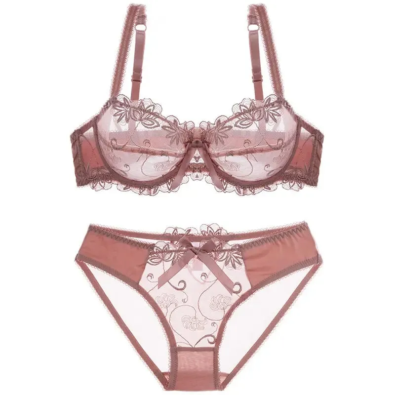 Women Sexy Sheer Mesh Lace Bra Set Thin Minimizer Big Bust Bowknot Pure Desire Lingerie Brassiere Underwear 34‑40 BC