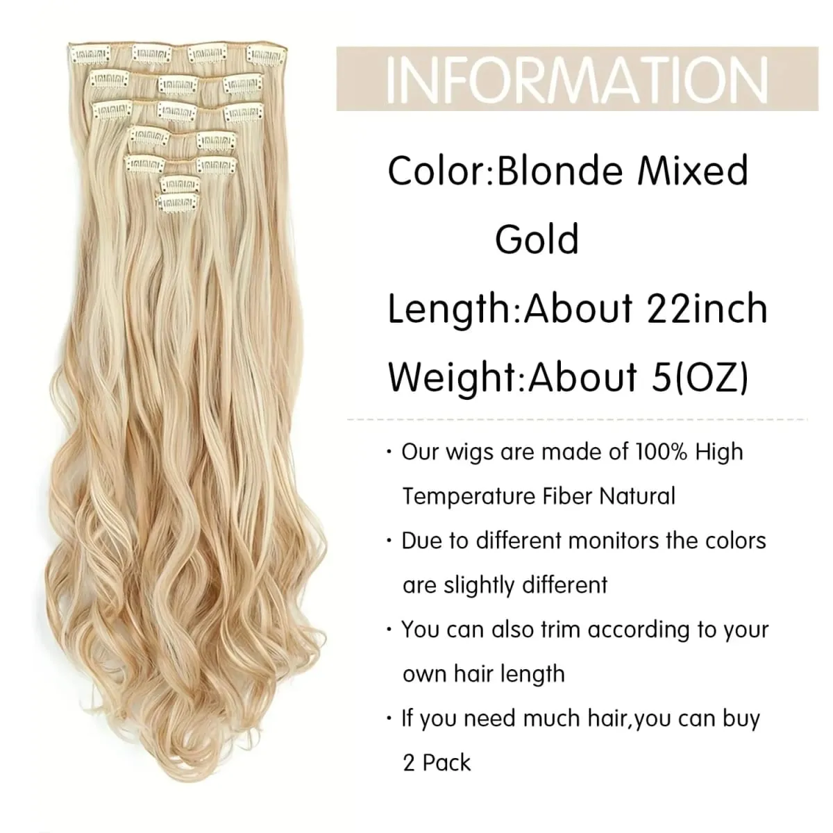 Synthetic 24Inch 16Clips Long Curly Hair Extension Heat Resistant Hair Extension Clips In Ombre Black Brown Blond Women