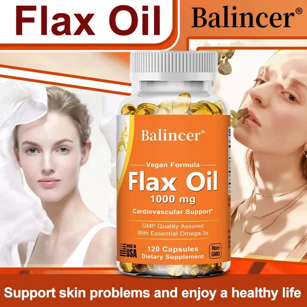 Flaxseed Oil 1000mg + Omega-3 Capsules Plant-Based Omega 3-6-9 Heart Brain Eye Joint Skin Immune & Cardiovascular Support