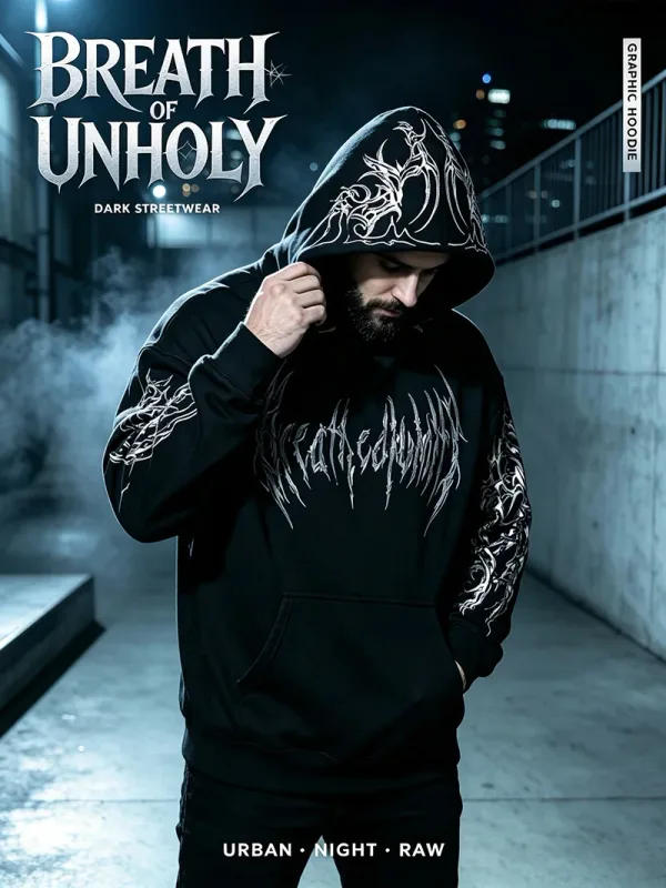 Men Alt Gothic Pullover Hoodie Y2k High Street American Style Dark Thorn Print Fleece Lined Loose Biker Fall Winter Sweatshirt
