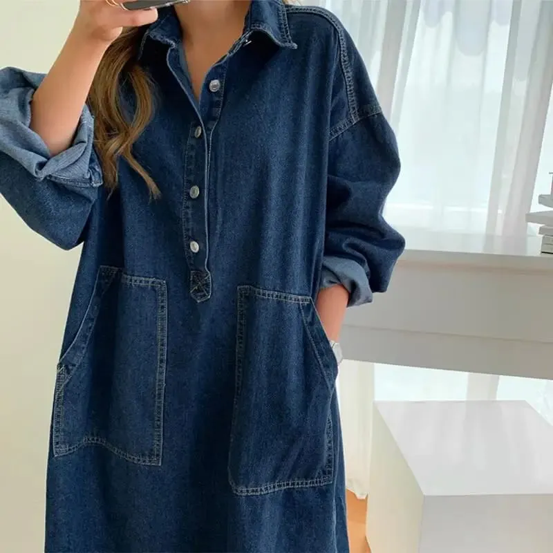 Hosszú ruha Női farmer ruhák lehajtható gallér Egy vonal Vestidos Maxi Mom Farmer Utcai ruházat Alkalmi laza Y2k Nyár 2025 Party