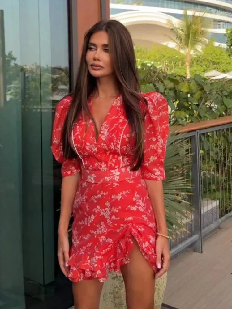 Women Red Floral Printed V-neck Short Sleeved Dress Puff Sleeve Waist Trim Ruffle Slit Hem Mini Dresses 2026 Summer Party Gowns