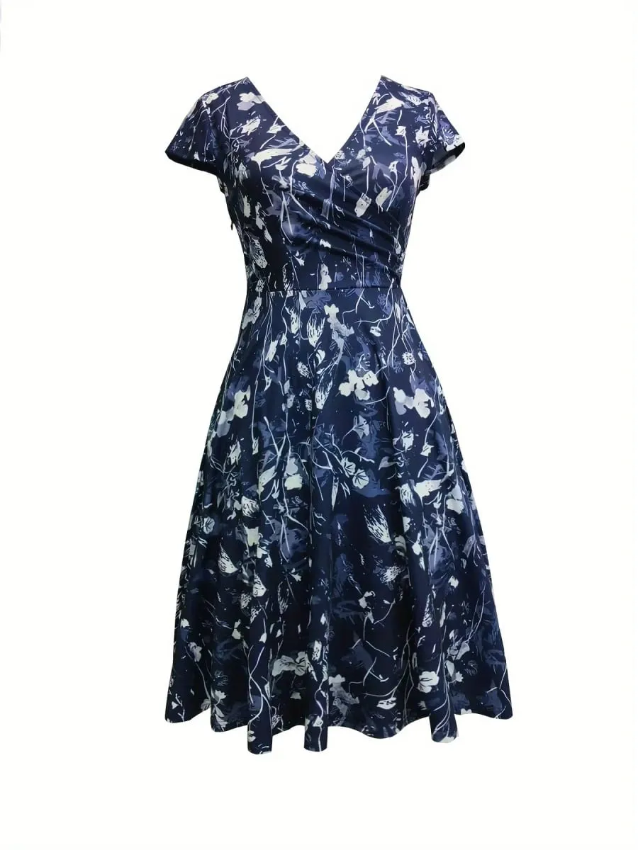 Elegant Floral Printed V-Neck Mid-Length Pocket Dress Polyester Blends for Spring Summer Autumn Three Season Women's Dress