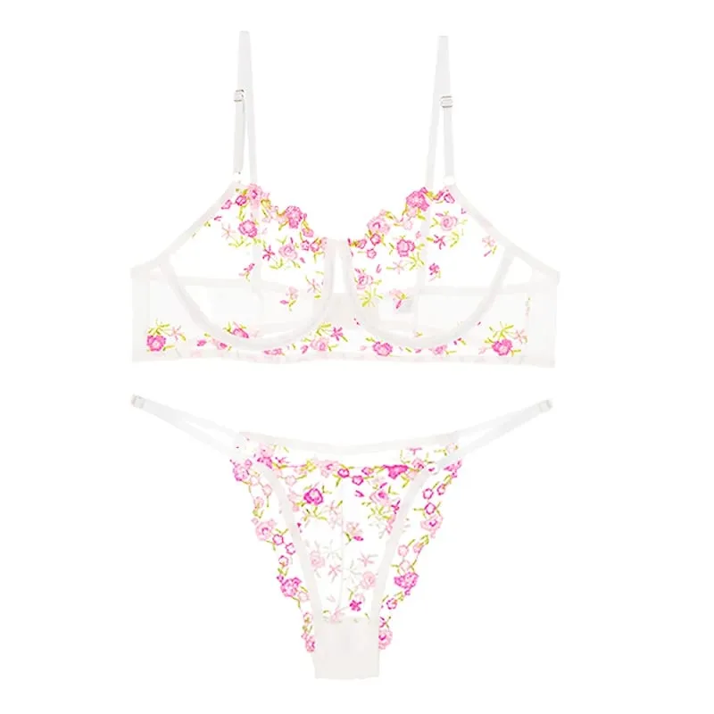 New Women Sexy Mesh Bras Suit Sweet Female French Floral Embroidery Underwear Sets Transparent Mesh Bra Panties 2Piece Lingerie