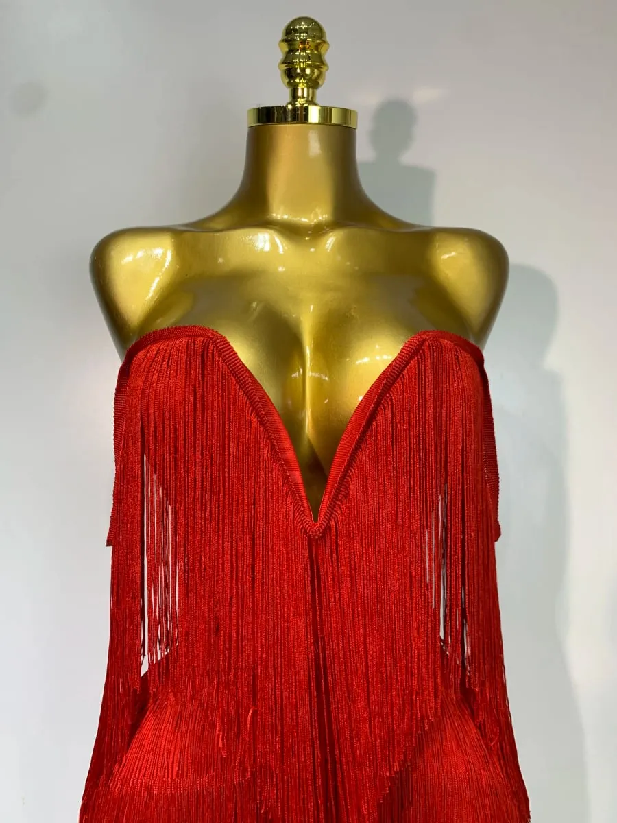 Women Sexy Strapless Tassel Off Shoulder Bandage Dress Fancy Club Celebrity Evening Party Mini Bodycon Dress Birthday Vestido