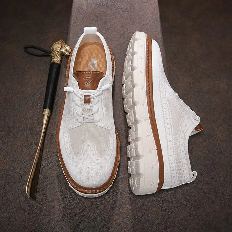 Men's Brogue Knit Oxford Sneakers Breathable Lightweight Casual Dress Walking Shoes Soft Cushion Non Slip Platform Fashion Sne