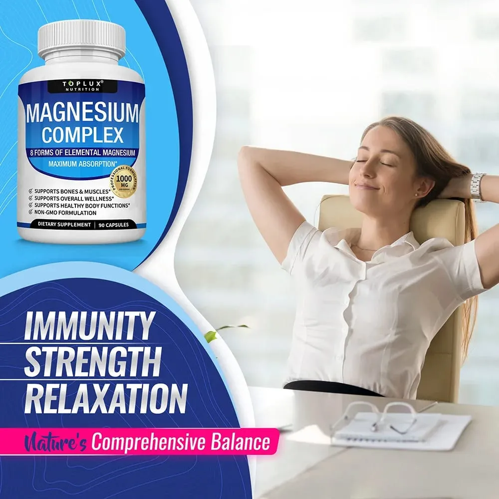 Magnesium Complex Supplement 1000mg - Magnesium Glycinate Citrate Malate Taurate for Bones Muscle Energy 90 Vegan Capsules