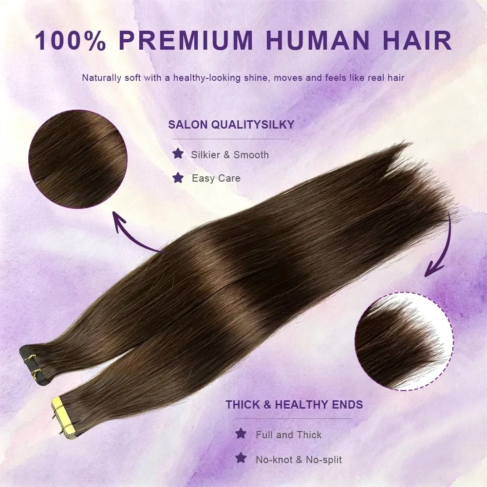 16-22 Inch Tape in Hair Extensions Human Hair Seamless Invisible Remy Hair Extensions Tape ins for Women Brazilian Dark Brown 21Pcs 50g 100% Human Hair