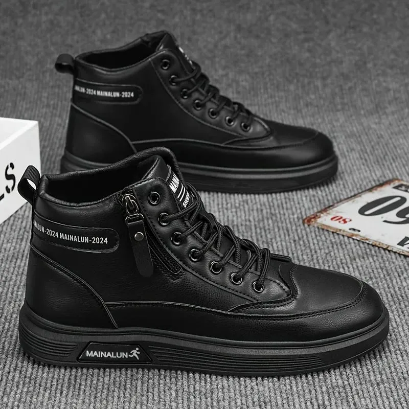 High-Top Sneakers for Men Designed for All Seasons Featuring a Non-Slip PU Sole And a White Laceless Design Suitable for Urban