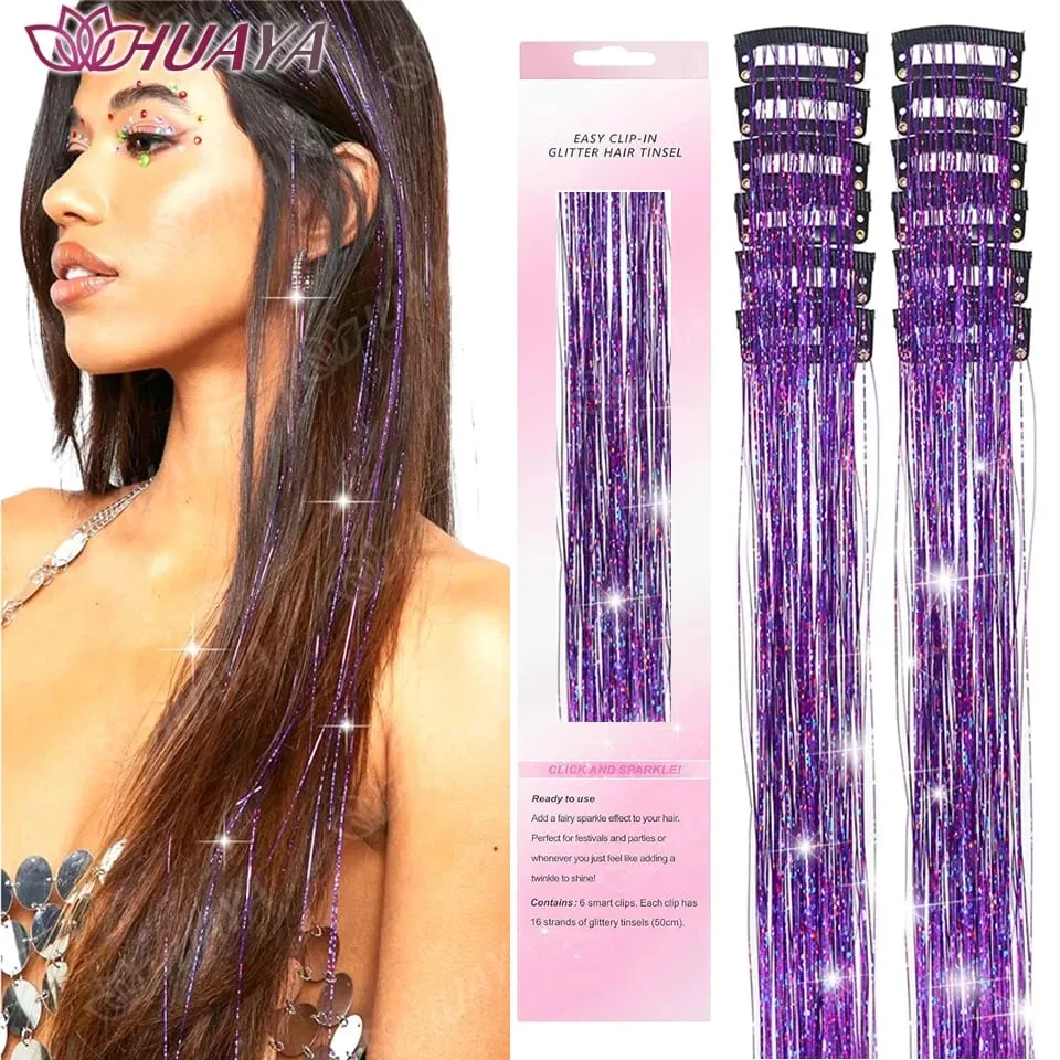 12Pcs/set Hair Tinsel Clip in Glitter Tinsel Hair Extensions Synthetic Shiny Sparkling Fairy Hair Tinsel Party Hair Accessories