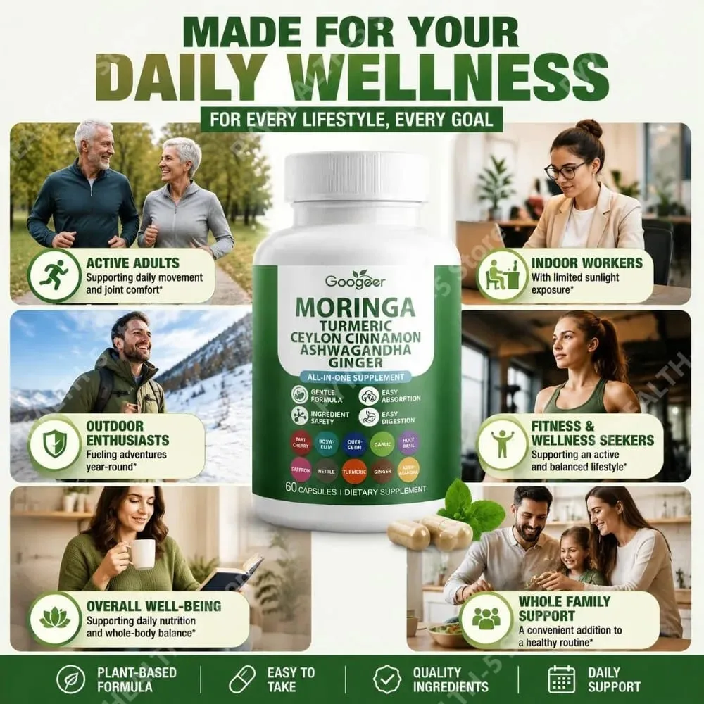 Googeer Moringa Zerdeçal Kapsülleri Ashwagandha Zencefil ve Seylan Tarçın ile Ortak Sağlık Desteği için Hepsi Bir Arada 60 Kapsül