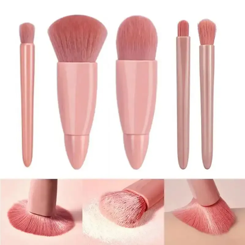 Kit di pennelli cosmetici completi per piccole funzioni, 5 pezzi, con custodia e specchio, set di pennelli per trucco da viaggio, mini pennelli per trucco