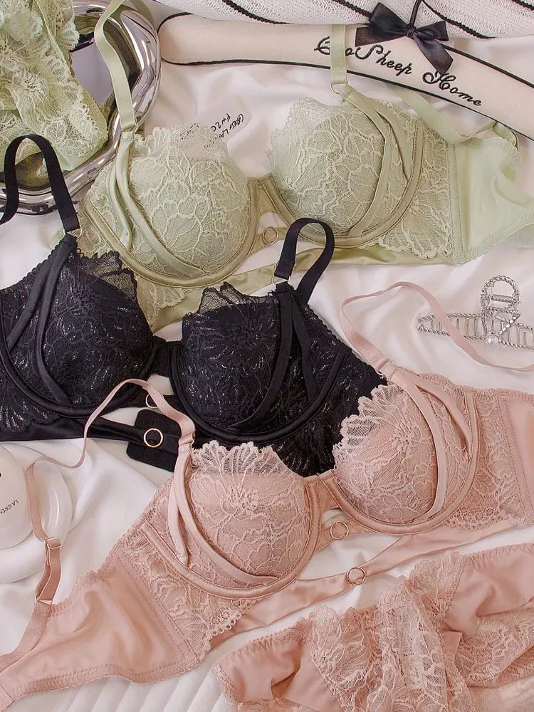 Sexy hollow lace bra set with steel ring thin large breasts show small underwear girls push up ladies lingerie panty