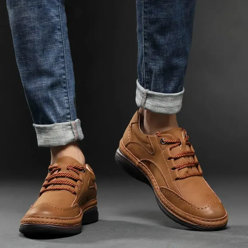 Men Handmade Stitching Cowhide Shoes Casual Lace Up Walking Footwear Comfort Non Slip Rubber Sole Breathable Outdoor Daily Shoes