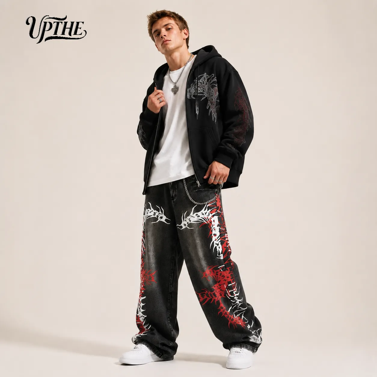 UP.THE Men Baggy Wide Leg Jeans Vintage Washed Black Gray Denim Pants Y2K Oversized Loose Centipede Skeleton Print Streetwear Jeans for Daily Casual Hip Hop Outfits