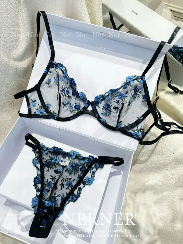 Korean Hot Lace Bra Set Floral Embroidery Transparent Mesh Ultra Thin Big Bust Modest Summer Ladies Daily Wear Underwear 32-38