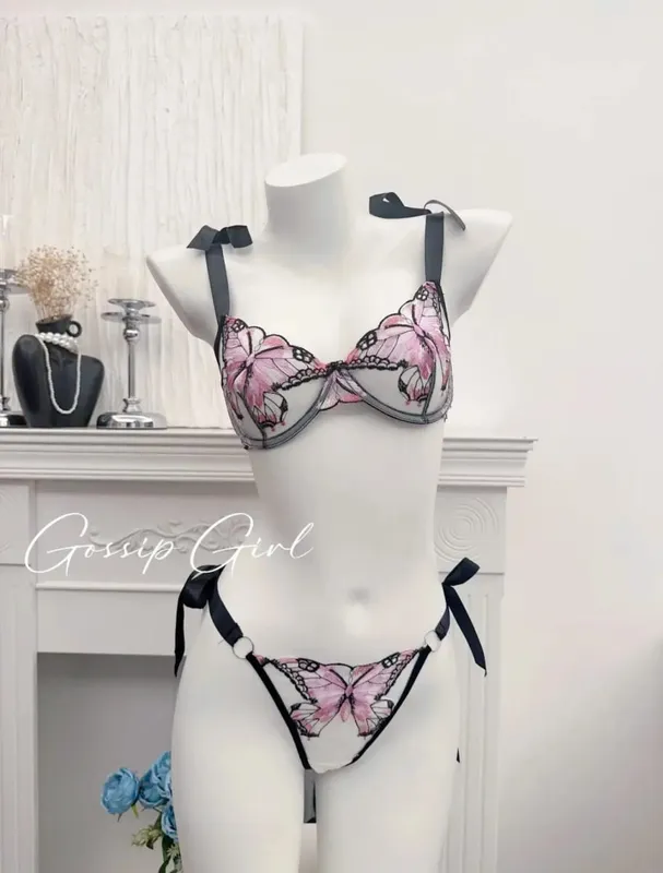 Butterfly Embroidery French Lace Bra Sheer Net Elastic Straps No Padding Romantic Womens Lingerie Set S-XL Soft Comfy