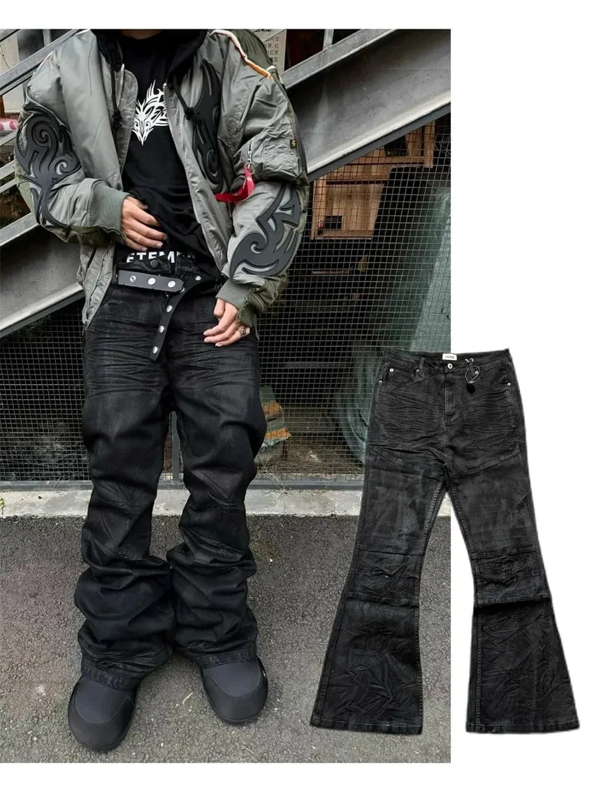 2026 High street coated micro-flare jeans American retro heavy industry men and women black gothic retro casual loose jeans