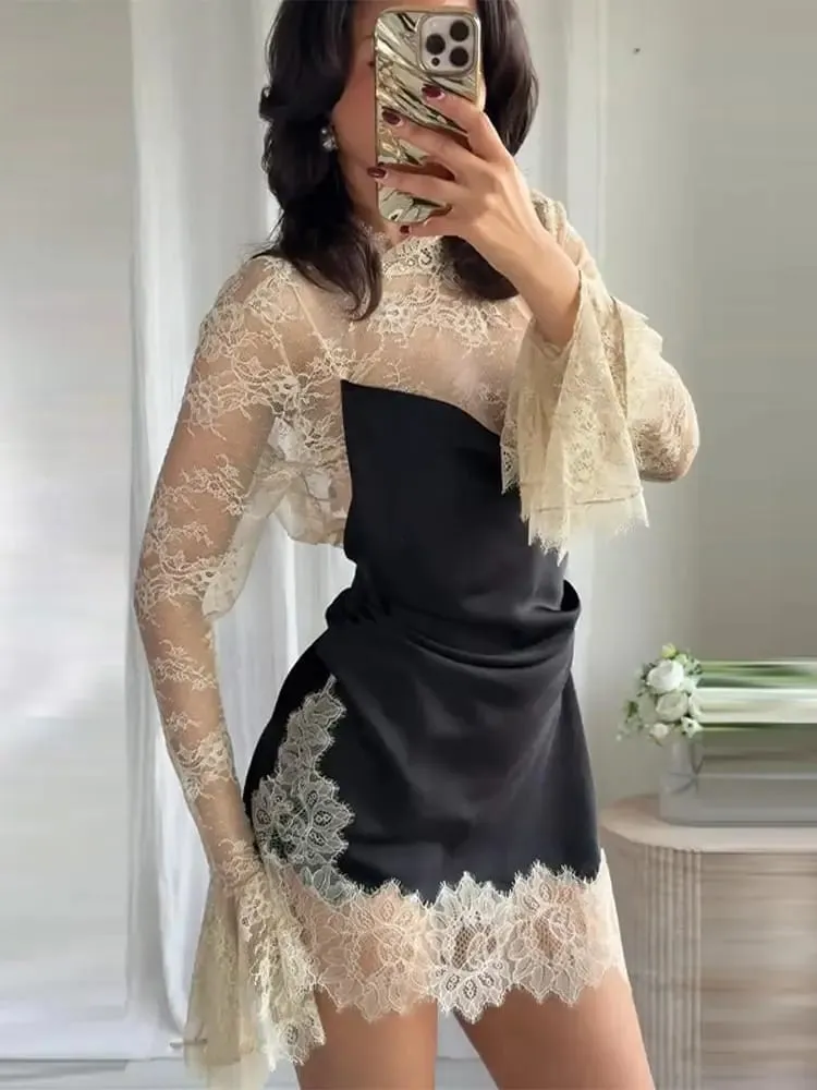 Elegant Women's Lace Trim Satin Dress High Neck Bell Sleeve Vintage Black Party Clubwear Chic Cocktail Mini Dresses Chic Outfit