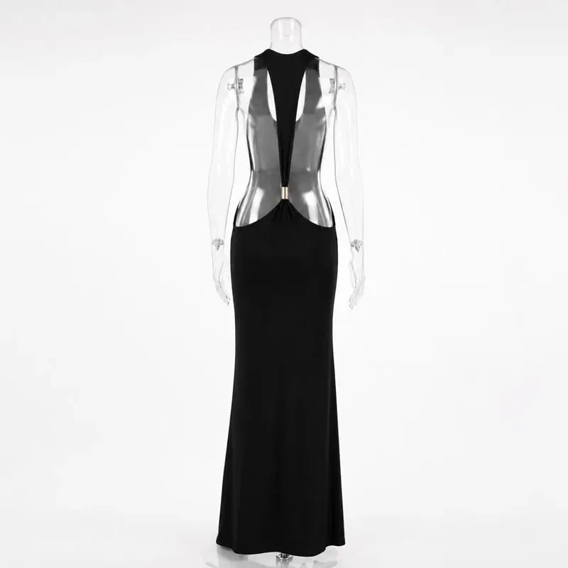 Tossy feminino halter sem costas bodycon maxi vestido aberto volta cinta de espaguete anel de ouro vestido de festa à noite verão praia vestido longo