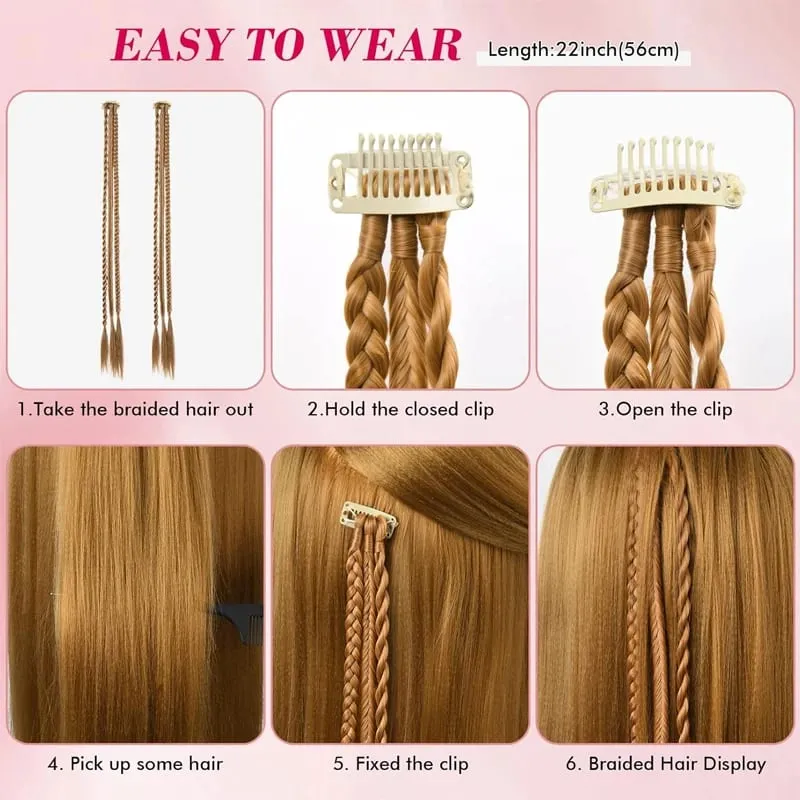 1Pc Clip in Braid Hair Extensions Wig 22inch Synthetic Braided Hairpiece 3 Braids on One Clip for Women Daily Costume Party Use