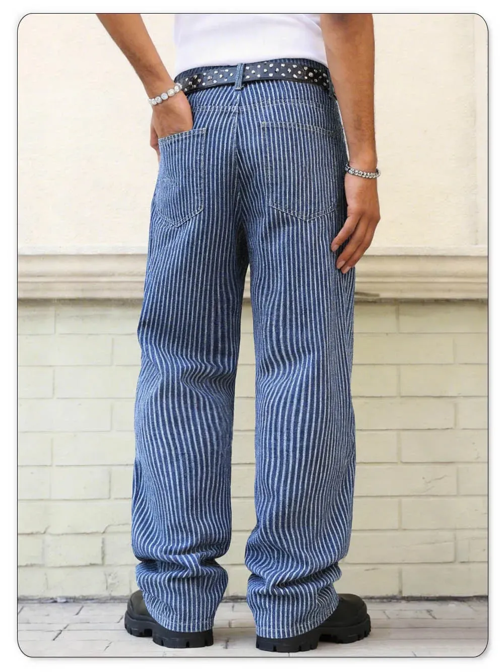 Men's American Fashion Brand Classic Retro Striped High Street Casual Lazy Business Wide Leg Straight Leg Jeans Oversized