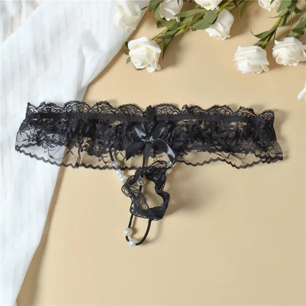 Men Lace T-Back Underwear Bow Elastic Waist G-String Pearl Lingeries For Man Sissy Panties Sexy Accessories Thongs Men's Panties