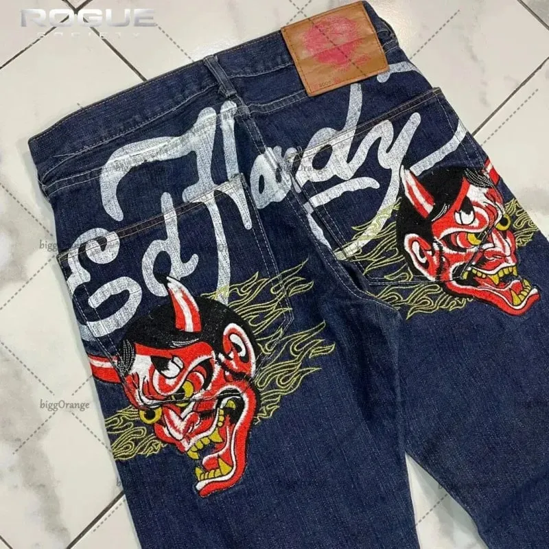 New Y2K Gothic Skull Embroidery Jeans Men High Street HipHop Punk Harajuku Loose Denim Pants Streetwear Straight Trousers Unisex