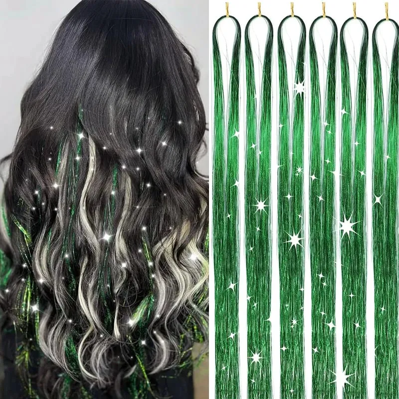 6Pcs Hair Tinsel Kit 24inch 1200 Strands Glitter Tinsel Hair Extensions Shiny Colorful Tinsel Hair Party Highlights for Women