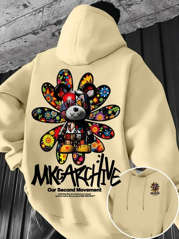 Men's Casual Hooded Sweatshirt – Colorful Floral Bear Graffiti Print Pullover Warm Street-Style Top for Autumn/Winter