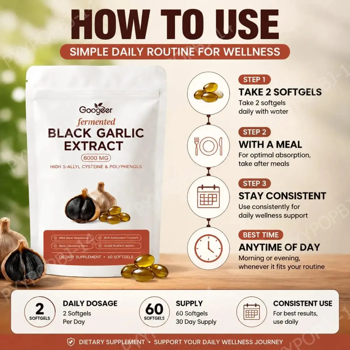 Googeer Fermented Black Garlic Extract Softgels with Antioxidant Protection and S-Allyl Cysteine & Polyphenols 60 Softgels