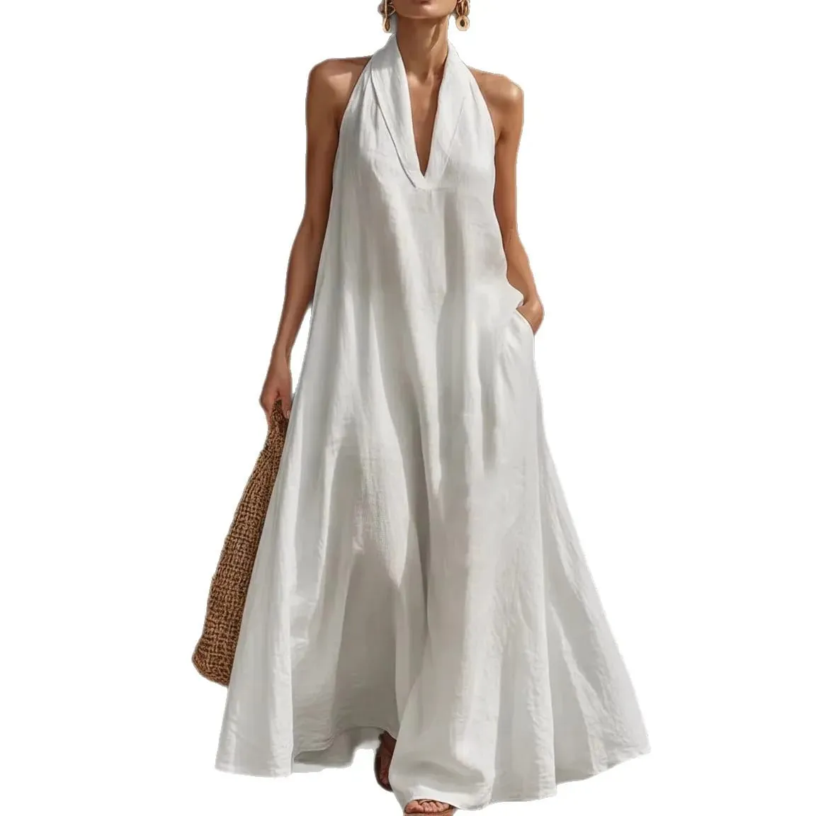 Women's Casual Dresses Sexy Solid V Neck Pocket A-Line Long Dress Spring Summer Sleeveless Loose Beach Vacation Maxi Mujer Dress