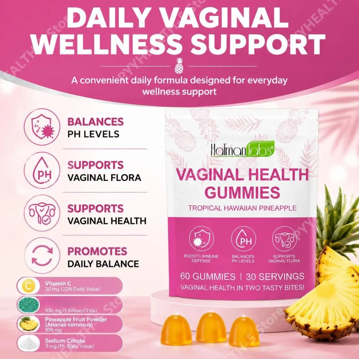HalmanLabs Vaginal Health Gummies with Probiotics and Vitamin C Balances PH Levels and Supports Vaginal Flora - 60 Gummies
