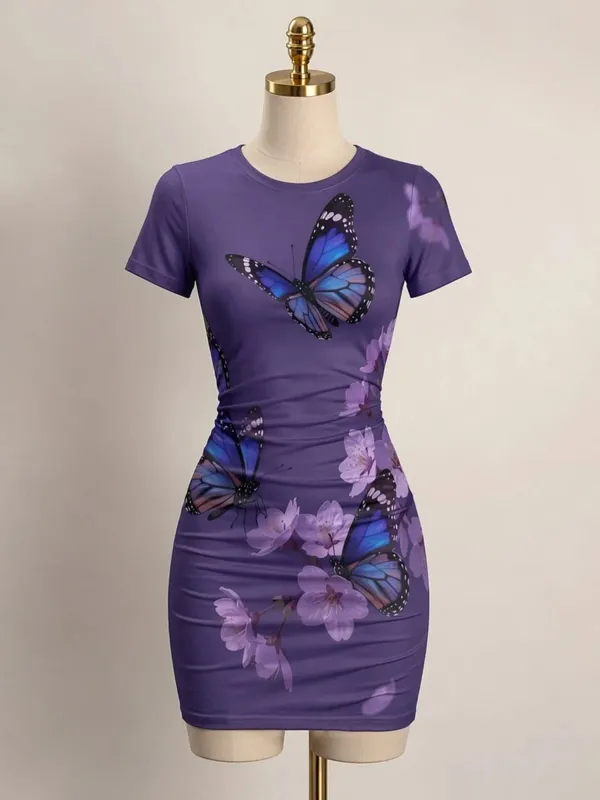 Womens Short Sleeve Bodycon Mini Dress Slim Fit Crew Neck Floral Print Casual Summer Party Cute Trendy Flattering Party Sundress