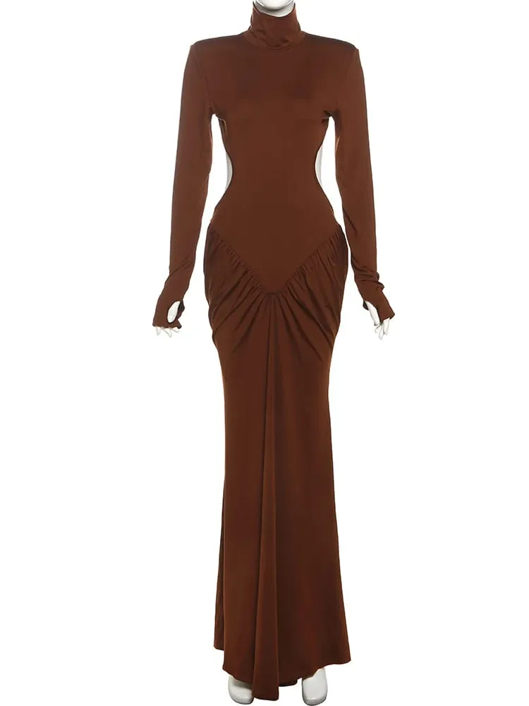 Robe Maxi dos nu pour femmes, épaulettes, manches longues, sans taille, fesses de pêche froncées, élégantes, slim, pour Banquet