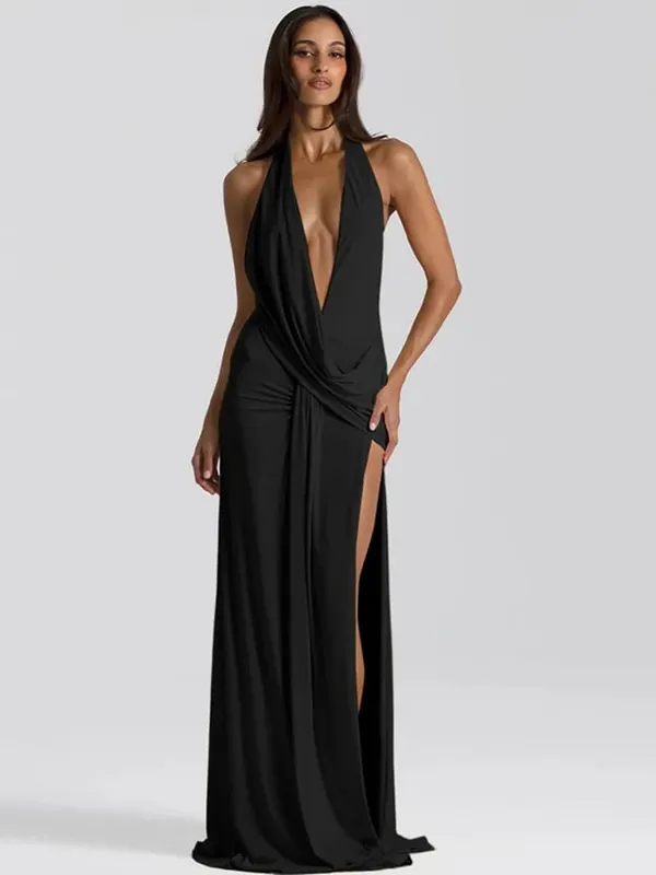 Mozision Halter Deep V Neck Backless Sexy Maxi Dress Women Gown Fashion Irregular Sleeveless Thigh High Split Club Party Dresses
