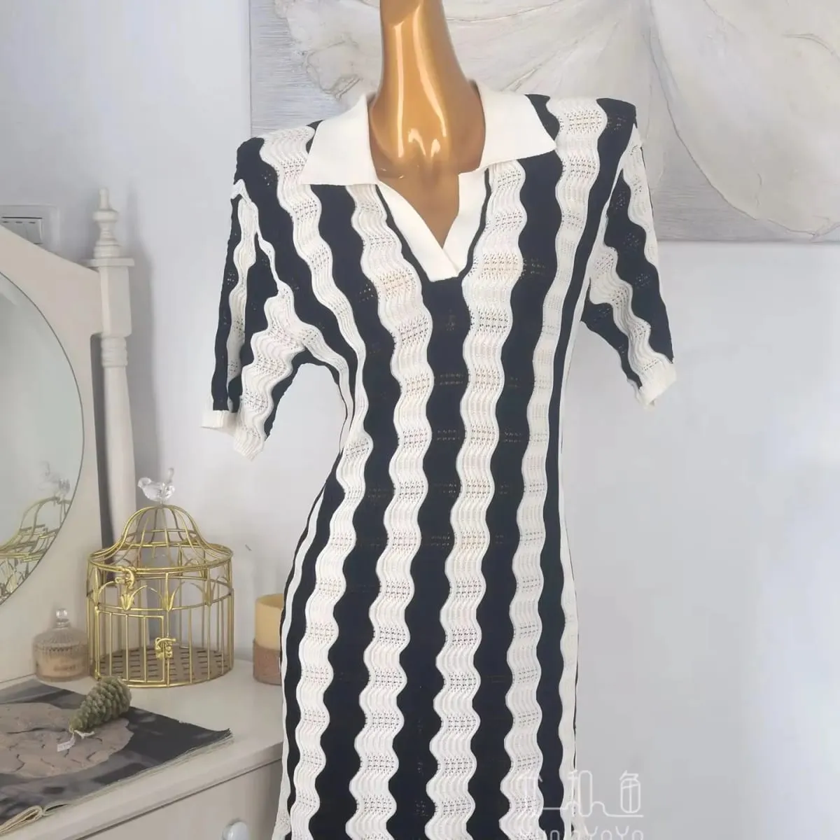 Polo Collar Half Vneck Wave Stripe Knit Dress Women Hollow Jacquard H-line Straight Short Dress Summer Elegant Ladies Mini Dres