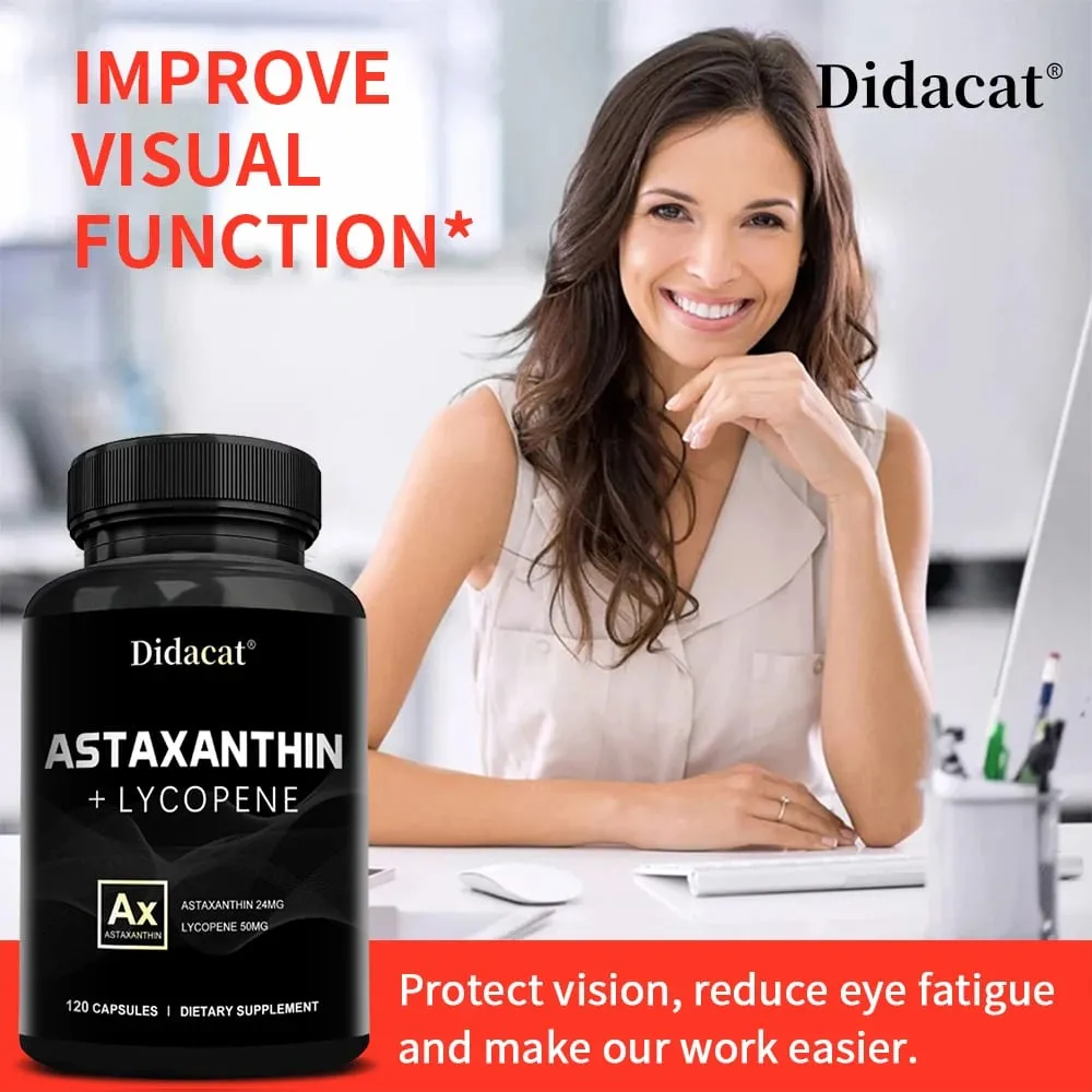 Astaxanthin 24mg + Lycopene 50mg Natural Antioxidant From Microalgae Astaxanthin Supplement Support Eye Skin Health Non-GMO