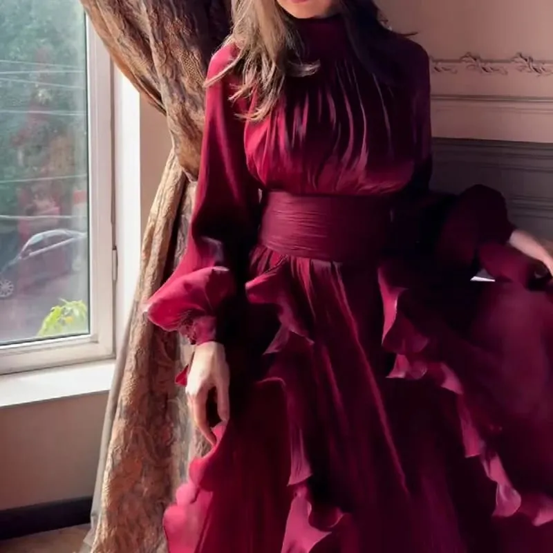 Fashion High Waist Pleat Party Dress Lady Casual High Collar Layered Banquet Dress Elegant Long Sleeve Solid Color Evening Dress