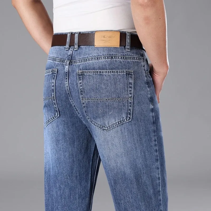 2026 Summer High Quality Brand Cloth Business Casual Men's Lightweight Straight Loose Jeans Classic Retro Thin Cotton Trousers
