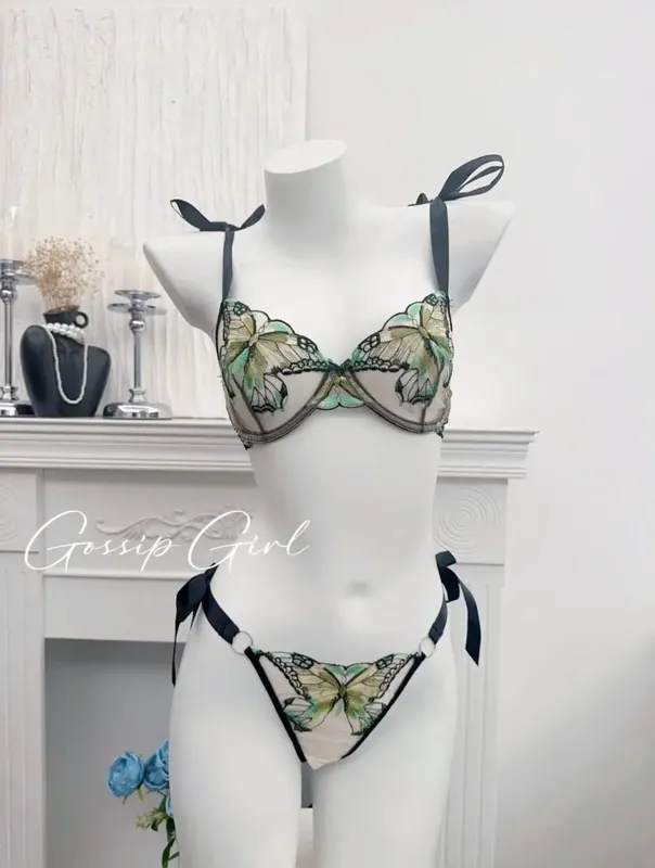 Modest Romantic Lace Butterfly Embroidery Bra Sheer Mesh Camisole Sleepwear Women Daily Wear Push Up Soft Lingerie Set 34-40