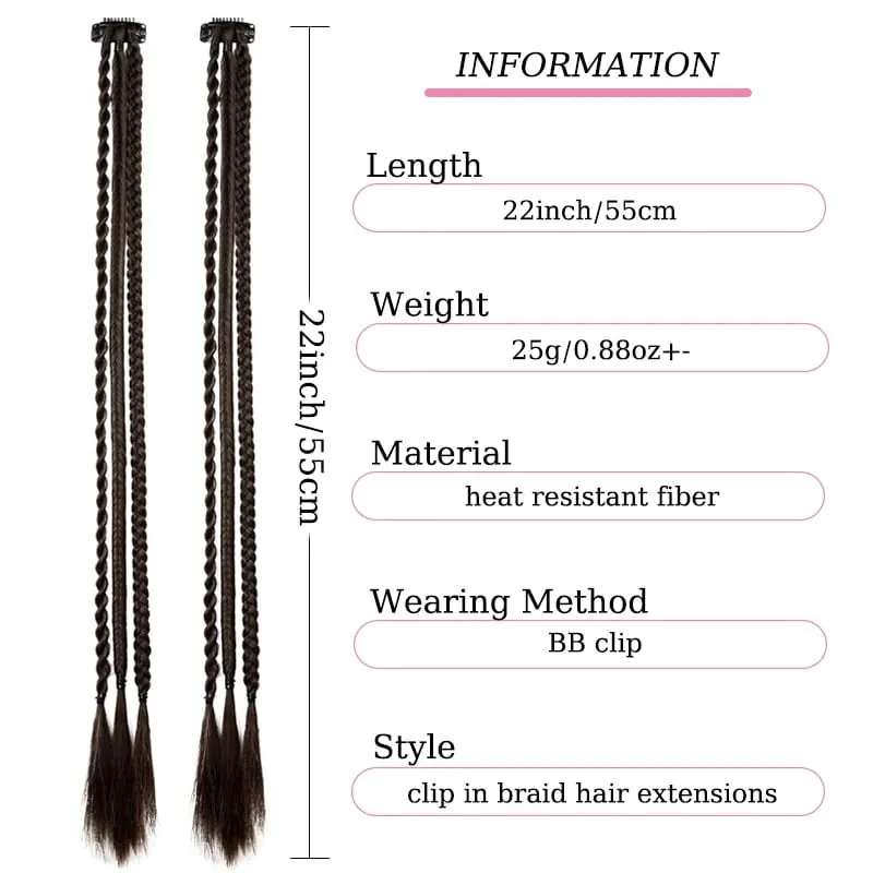 1Pc Clip in Braid Hair Extensions Wig 22inch Synthetic Braided Hairpiece 3 Braids on One Clip for Women Daily Costume Party Use