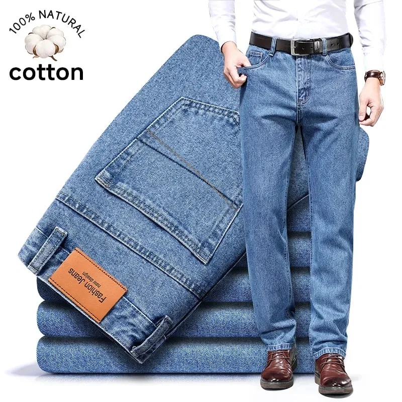 Luxury Quality Autumn Winter 100%Cotton Men's Jeans Business Denim Pants Straight High Waist Father Trouser Male Plus Size 40 42